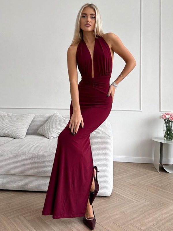 Sexy V Neck Halter Backless Pleated High Waist Dress in Dresses