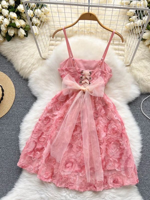 Three-Dimensional Rose Strap Lace Up Dress in Dresses