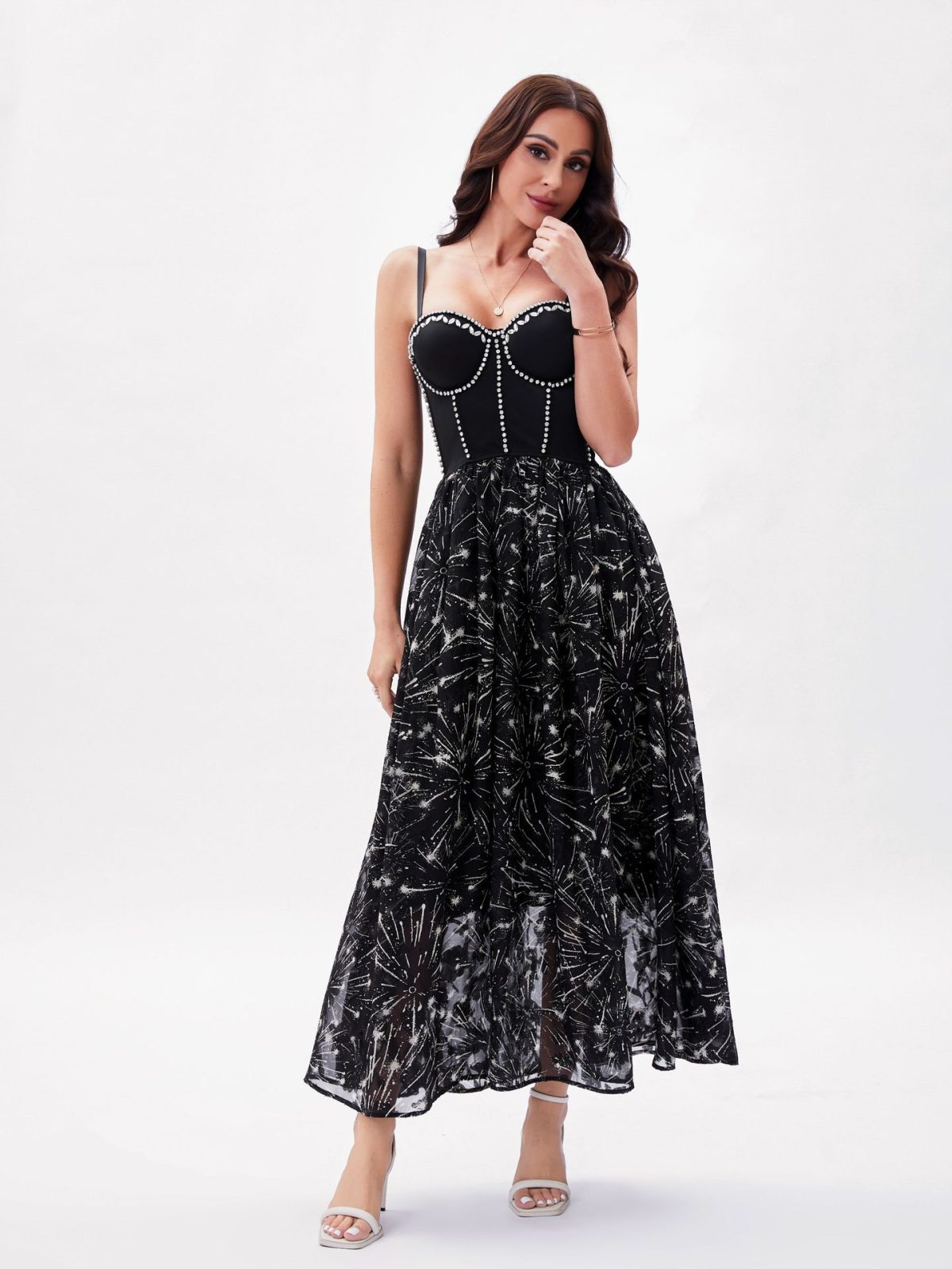 Beaded Beauty Back Boning Corset Printing Chiffon Dress in Dresses