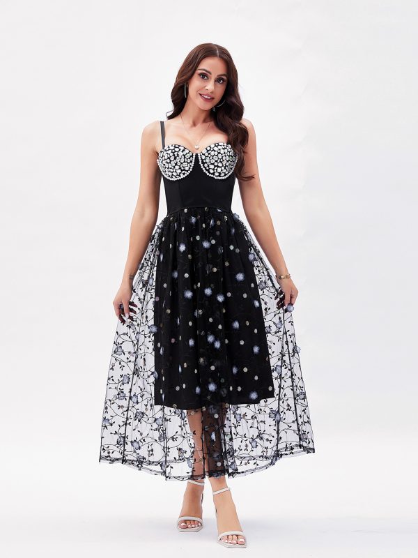Sequined Three Dimensional Floral Mesh Dress in Dresses