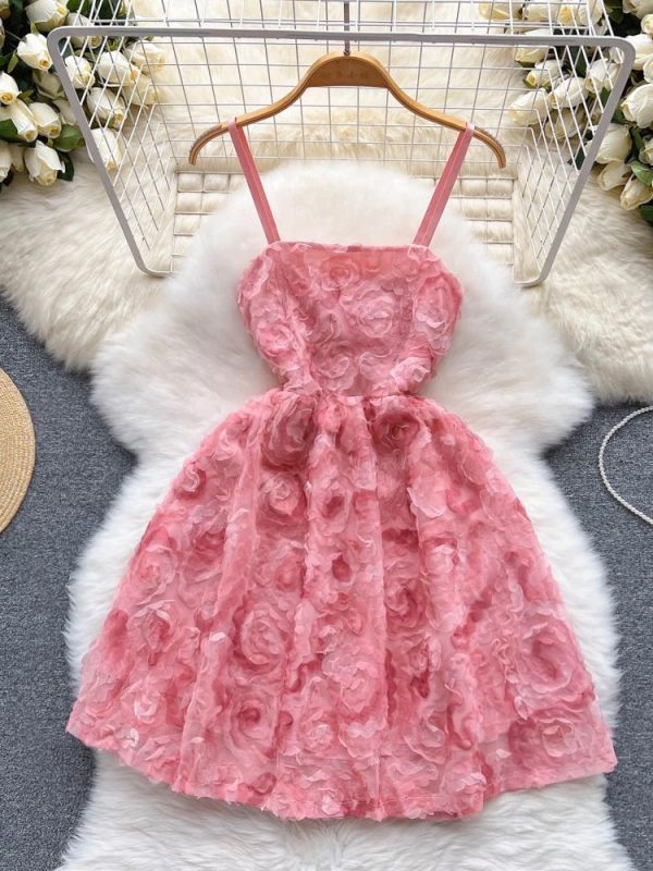 Three-Dimensional Rose Strap Lace Up Dress in Dresses