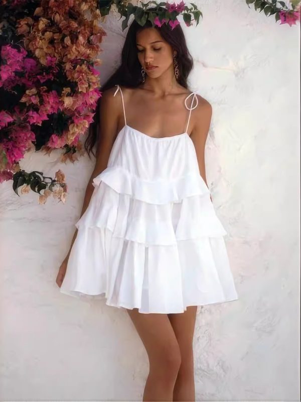 Multi Layer Ruffled Tiered Backless Sling Dress in Dresses