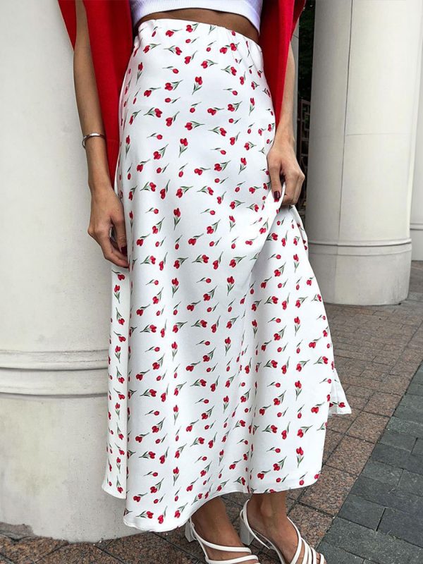 Elegant High Waist A Line Fishtail Cherry Print Skirt in Skirts