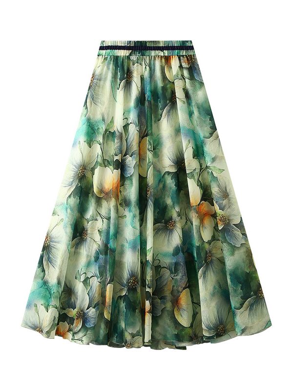 Floral Print A Line Wild High Waist Long Skirt in Skirts