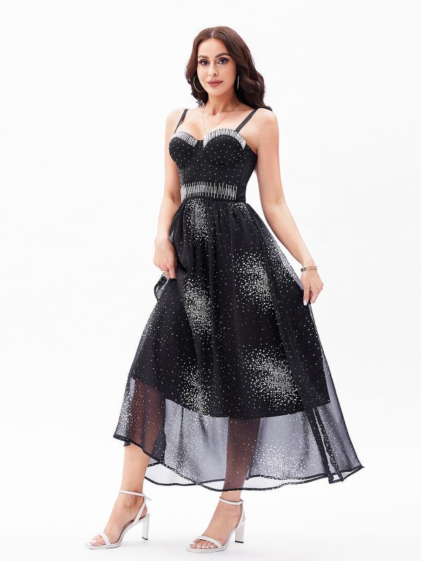 Sexy Backless Beaded Polka Dot Blooming A Line Dress in Dresses