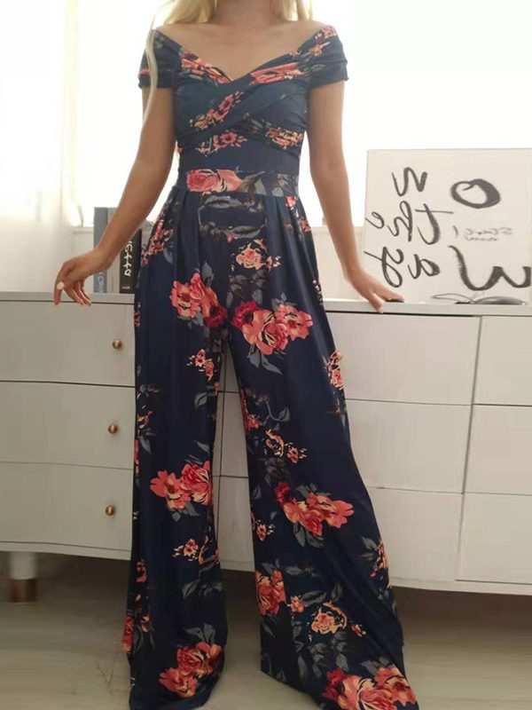 Off Shoulder Printing Office Printed Waist Controlled Jumpsuit in Jumpsuits & Rompers