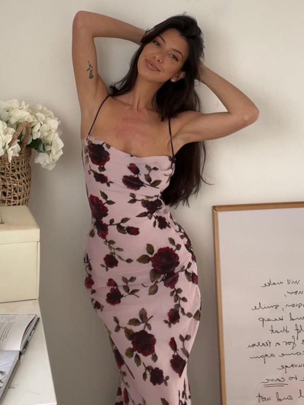 Sexy Strap Backless Rose Printed Dress in Dresses