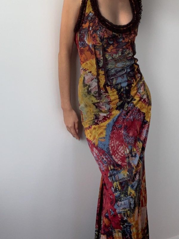 Retro Tie Dyed Printed Sexy U Collar Maxi Dress in Dresses