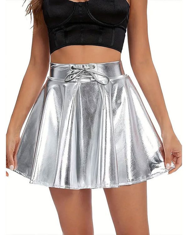 Silver Faux Leather Umbrella Skirt in Skirts