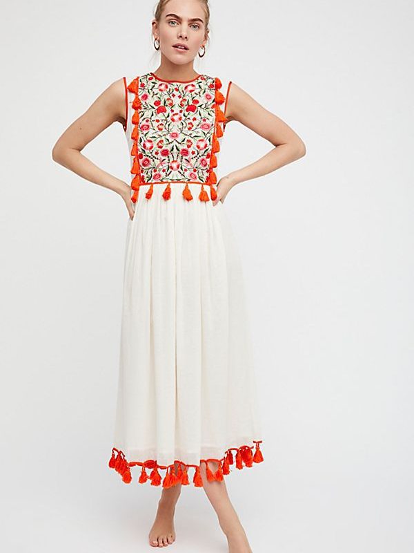 Bohemian Flower Embroidered Fringe Trimmed Vest Dress in Dresses