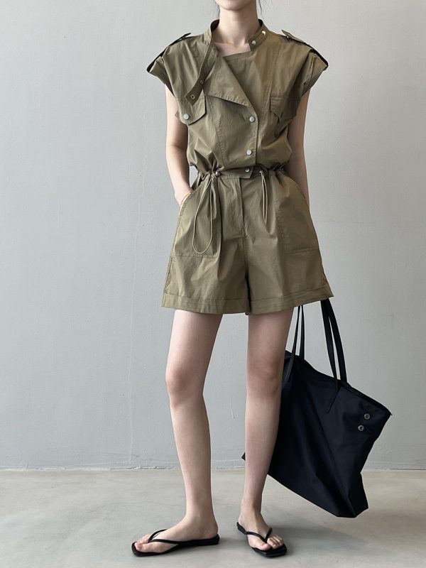 High Waist Drawstring Cargo Stand Collar Flying Sleeves Shirt Romper in Jumpsuits & Rompers
