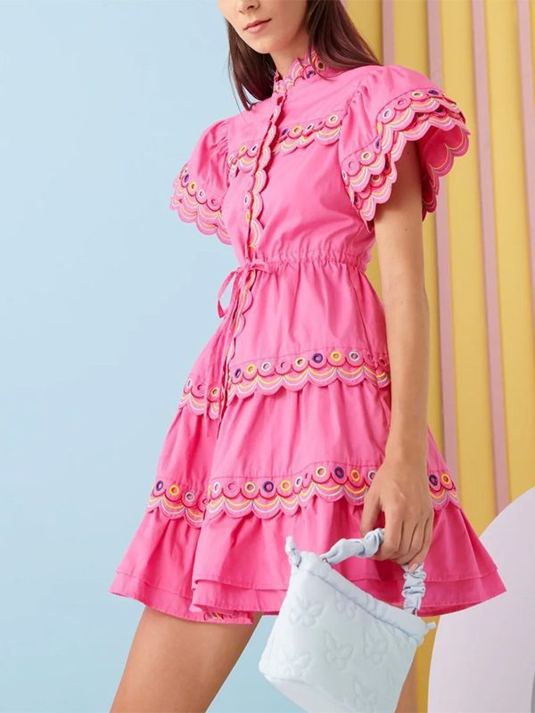 Round Neck Color Ruffled Short Flying Sleeves Dress in Dresses