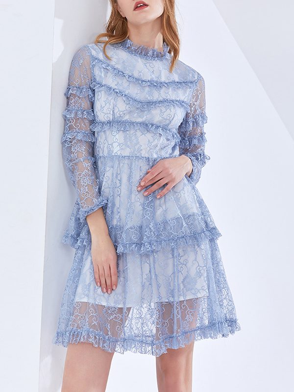 Small Stand Collar Crocheted Hollow Out Double Layer Lace Tiered Dress in Dresses