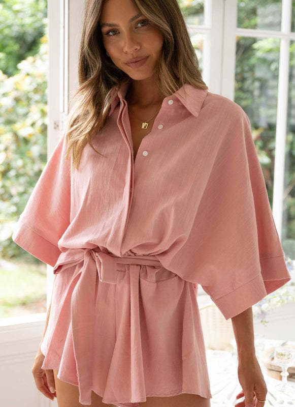 Polo Collar Mid Sleeve Waist Lace Up Loose Romper in Jumpsuits & Rompers