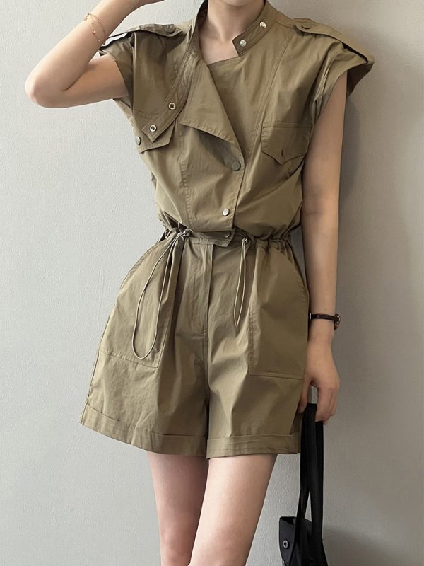 High Waist Drawstring Cargo Stand Collar Flying Sleeves Shirt Romper in Jumpsuits & Rompers