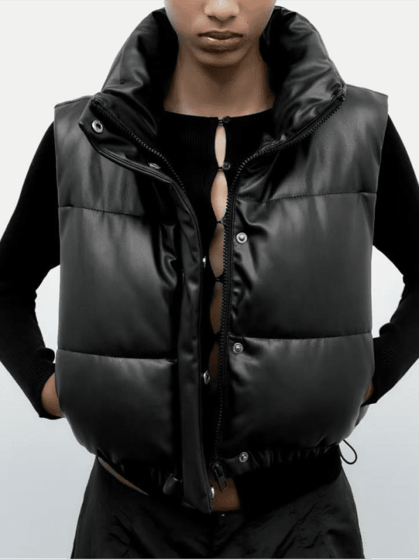 Stand Collar Faux Leather Short Cotton Jacket Vest in Coats & Jackets