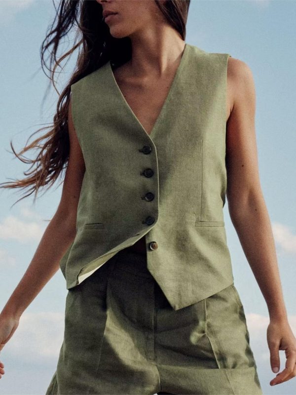 Summer Solid Green Elegant Button Vest in Blouses & Shirts