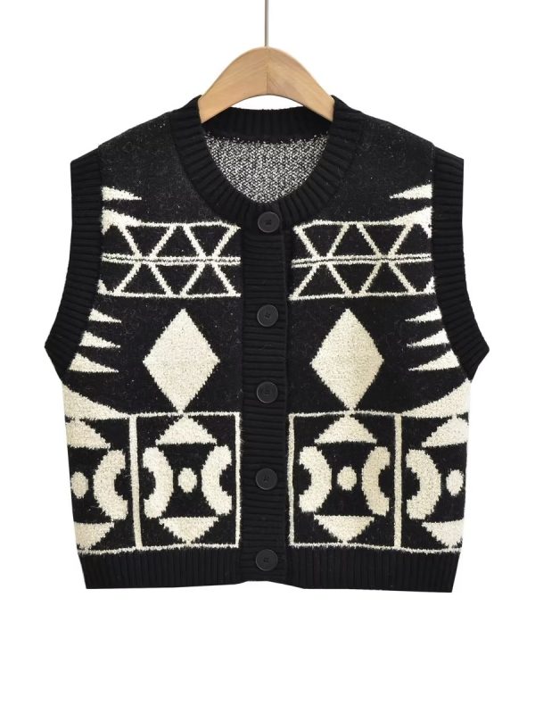 Simple Breasted Round Neck Long Sleeve Contrast Color Jacquard Knitted Vest in Sweaters