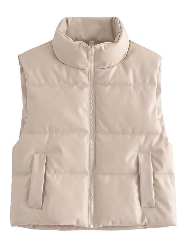 Faux Leather Stand Collar Sleeveless Cotton Padded Jacket Vest in Coats & Jackets