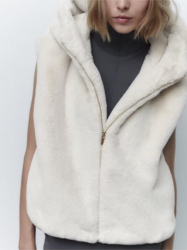 Fall Casual Hooded Artificial Fur Sleeveless Coat in Coats & Jackets