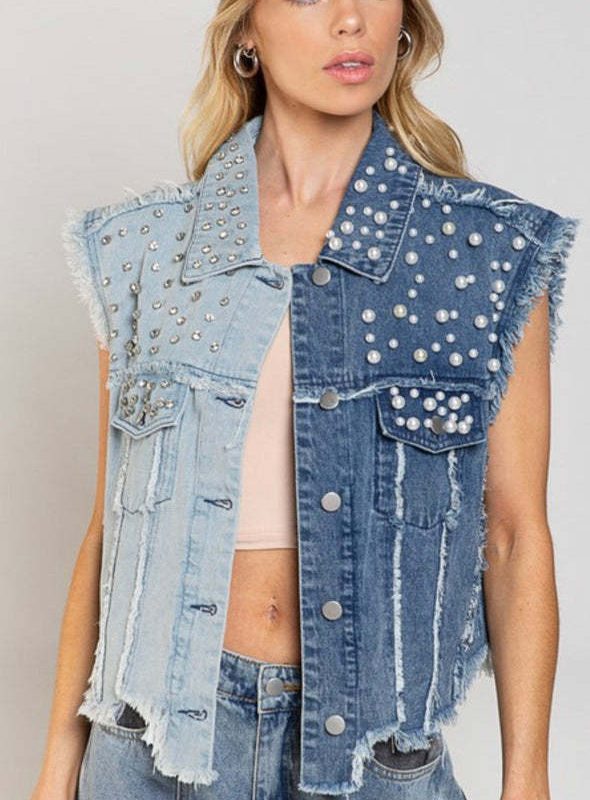 Splicing Beads Loose Short Denim Vest Jacket in Coats & Jackets