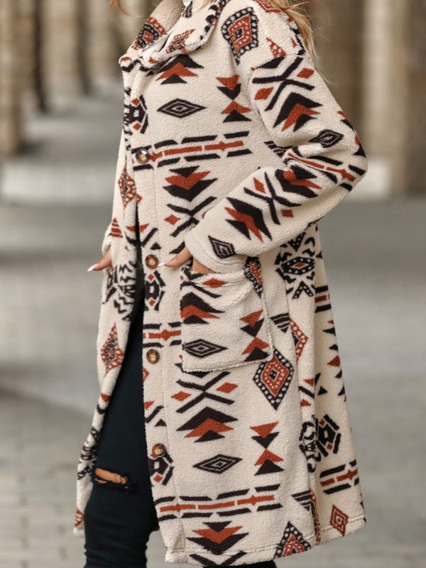 Single Breasted Ethnic Print Plush Long Overcoat Outerwear in Coats & Jackets