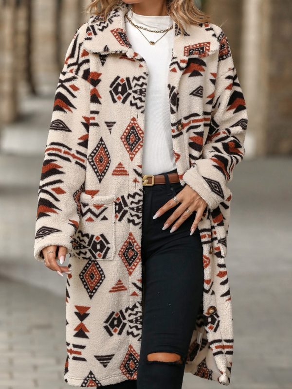 Single Breasted Ethnic Print Plush Long Overcoat Outerwear in Coats & Jackets