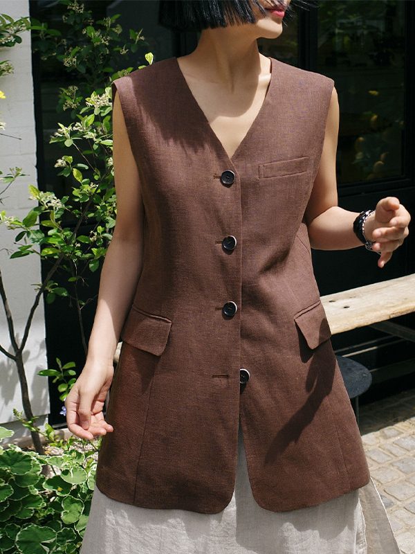 Retro V Neck Linen Mid Length Cotton Sleeveless Vest Cardigan Coat in Coats & Jackets