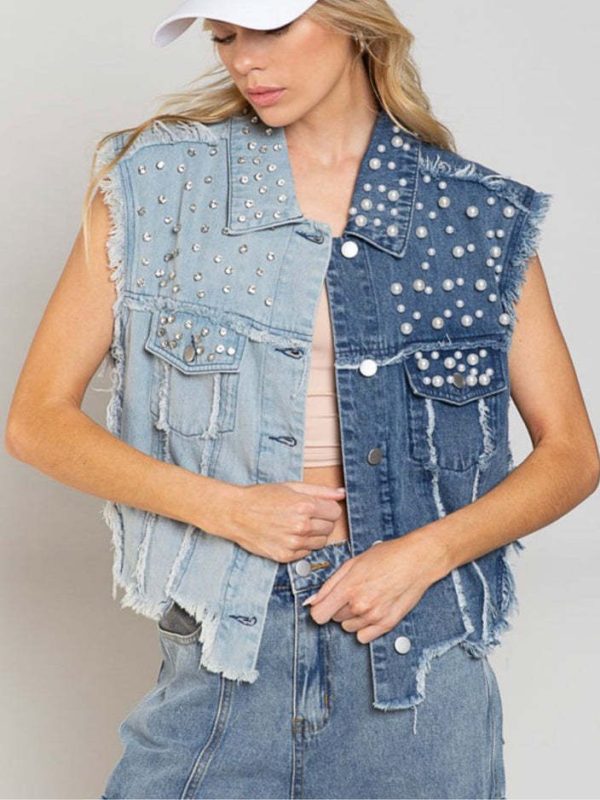 Splicing Beads Loose Short Denim Vest Jacket in Coats & Jackets